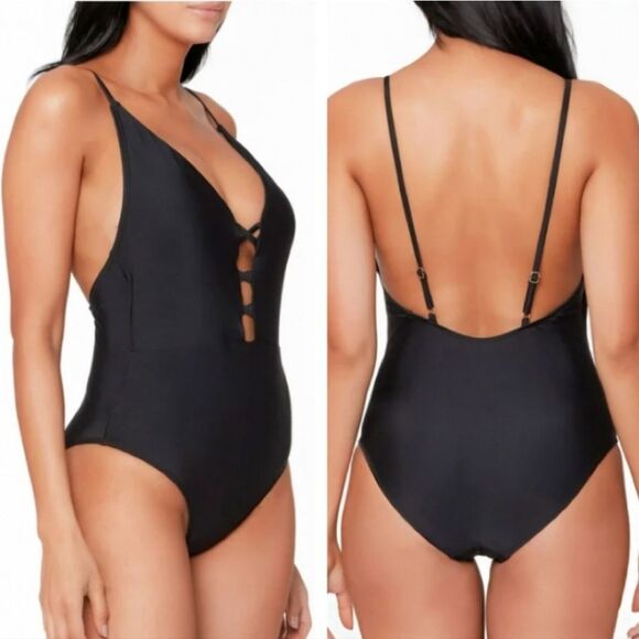 Jessica Simpson Size Small Lace-up Plunge One Piece Swimsuit New - Picture 2 of 4